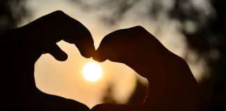 Silhouette of hands forming a heart shape around a glowing sunset outdoors.