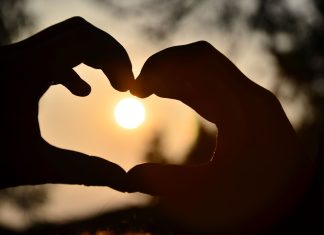 Silhouette of hands forming a heart shape around a glowing sunset outdoors.