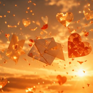 A silhouette of a person forming a heart shape with hands against a stunning sunset.