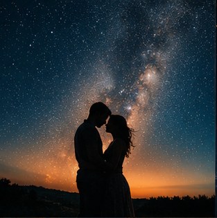 Silhouette of a couple standing on the beach during a vibrant sunset, ideal for travel and romance themes.